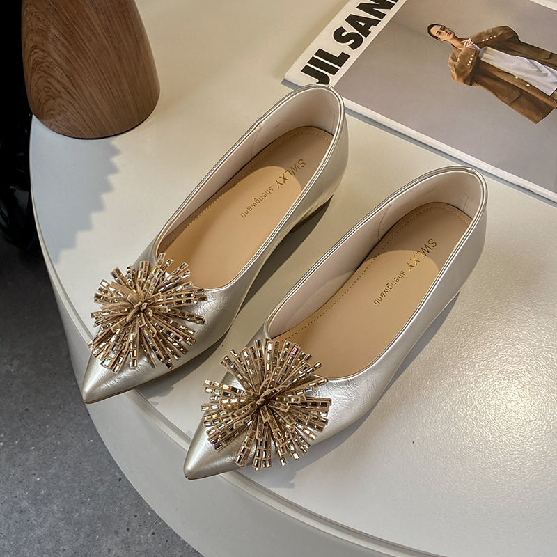 Women's 6cm Invisible Height Increase Mary Jane Flats, French Elegant Pointed Toe Low Cut Slip On Shoes, Rhinestone Floral Decor Dress Shoes For