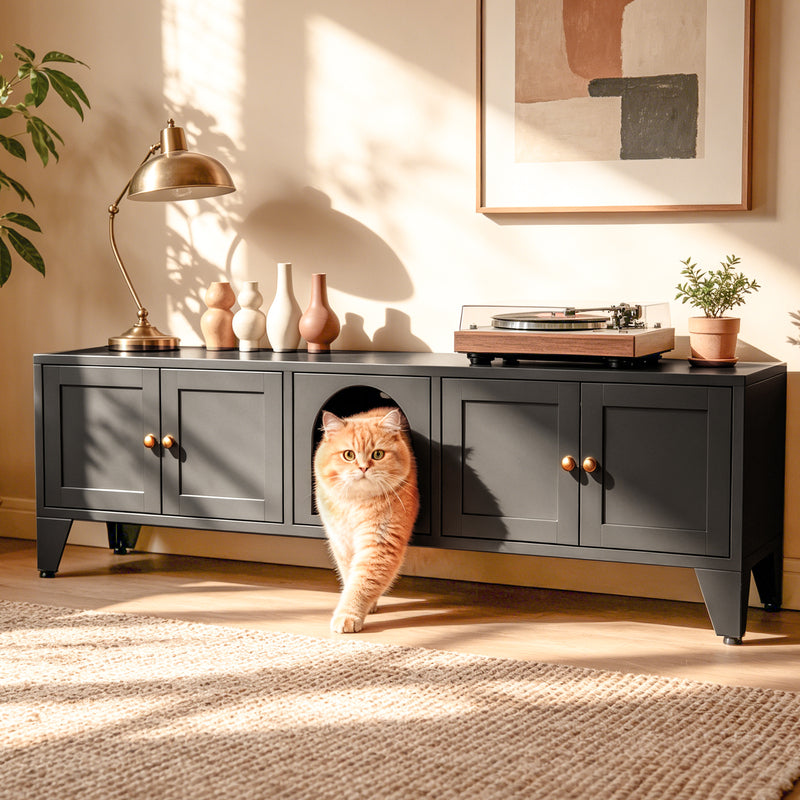 58in Metal Cat Litter Box Enclosure, Hidden Litter Furniture For 2