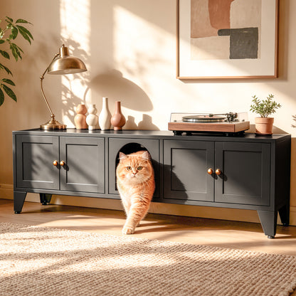 58in Metal Cat Litter Box Enclosure, Hidden Litter Furniture For 2